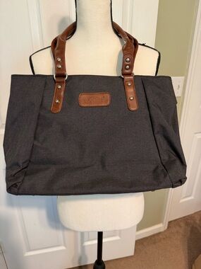 Dark Grey Canvas Shoulder Bag with Brown Leather Handles